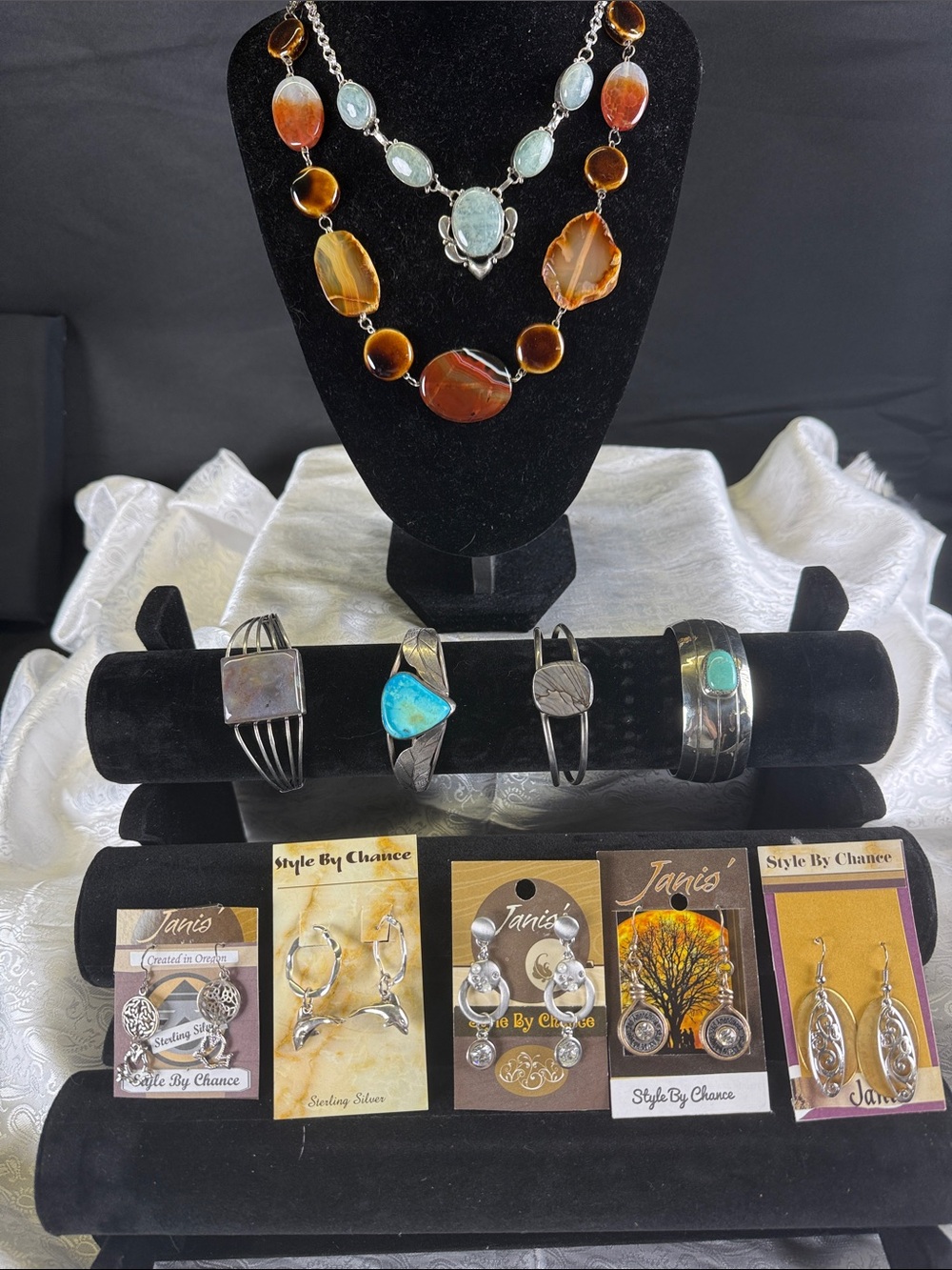 Multi-Stone Statement Necklace & Bracelet Set - Brown, Turquoise, Silver